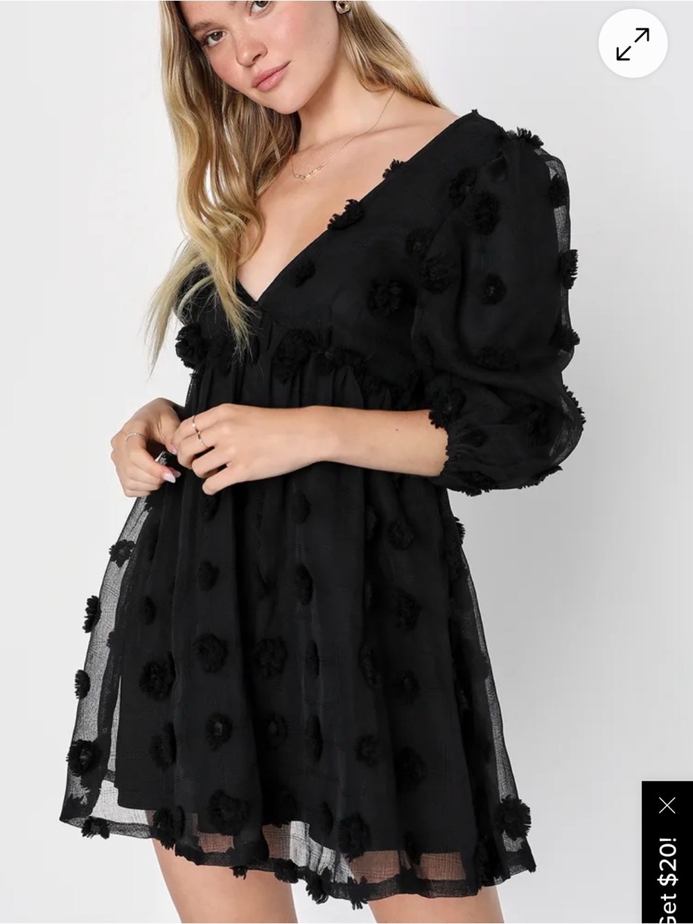 Lulu's Black Puff-Sleeve Dot-Appliqué Mini Dress